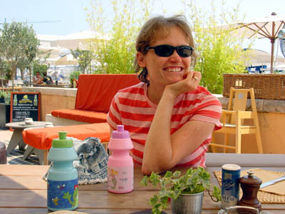 Mandy waiting for lunch at La Nte Bleu